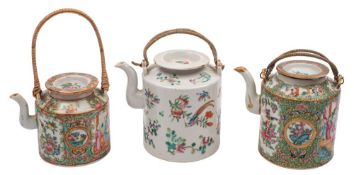 A group of three Canton teapots and covers of cylindrical form with flattened covers and rattan