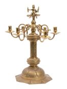 A Scandinavian brass six light candelabrum,