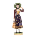 A Bloor Derby figure of a milk maid wearing a brown jacket and gilt decorated blue skirt,