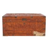 A Chinese carved camphor wood and metal mounted chest,