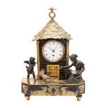 An English bronze and ormolu Georgian mantle clock in the form of a chicken coop having an