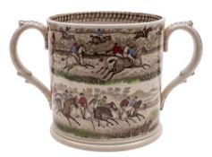 A John & Robert Godwin Staffordshire pottery two-handled loving cup decorated with coloured