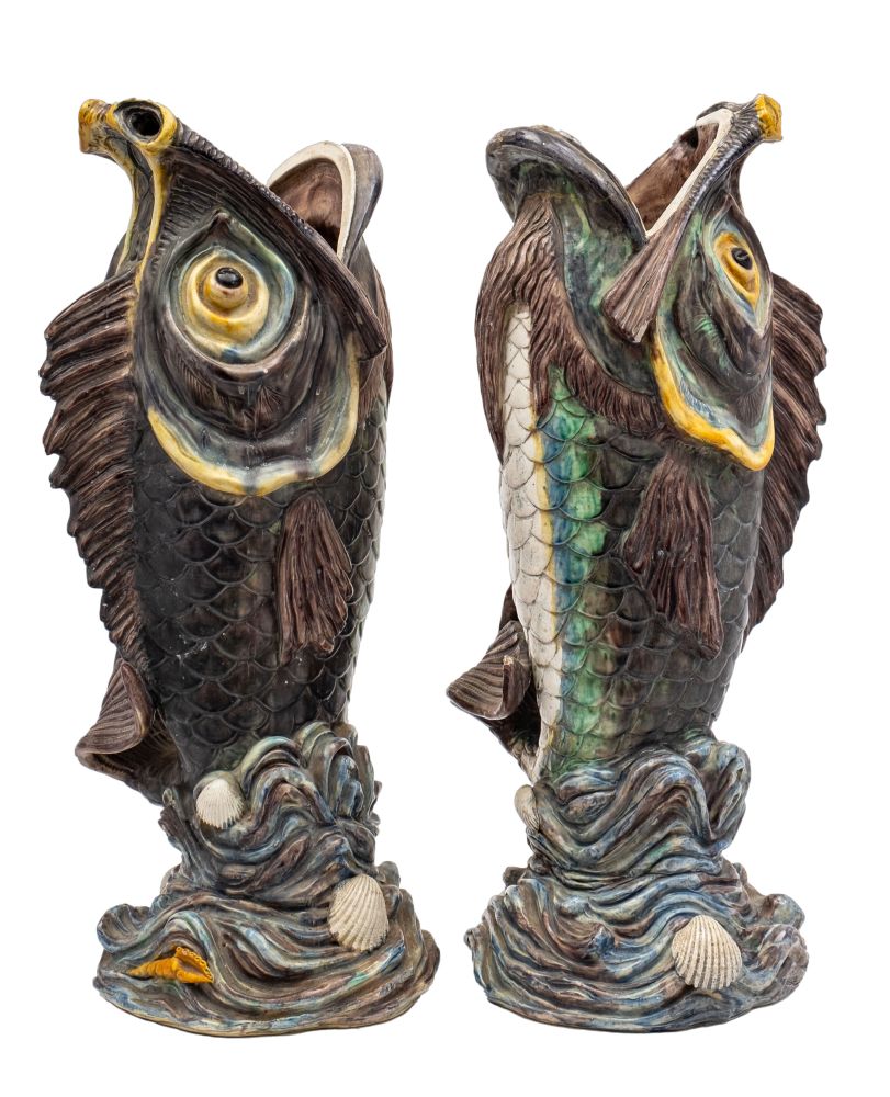 A rare pair of large French Palissy-style majolica fish vases, probably Thomas Sergent, - Image 3 of 3