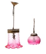 A Victorian moulded cranberry glass and brass mounted ceiling light, last quarter 19th century,