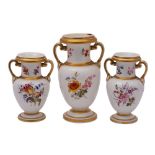 A garniture of three porcelain two handled vases, probably Coalport,