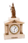 A French Edwardian alabaster mantel clock having an eight-day duration timepiece movement,