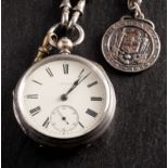 A silver open-faced key-wound pocket watch with chain the dial with black Roman numerals,