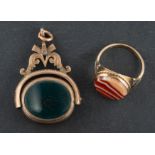 A banded agate ring and a carnelian and bloodstone swivel fob, the ring stamped '9CT',