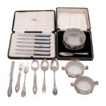 A quantity of silver items to include;-: a Victorian christening spoon and fork, London 1885,