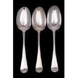 Three Hanoverian silver tablespoons, maker Caleb Hill London 1730, 59gms,