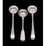 Three George III and George IV silver salt spoons, maker William Chawner, two London 1782,