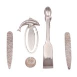 A mixed collection of modern Scottish silver to include;- a bookmark with leaping dolphin,