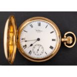 Waltham an 18ct Gold full-hunter pocket watch the white enamel dial with black Roman numerals,