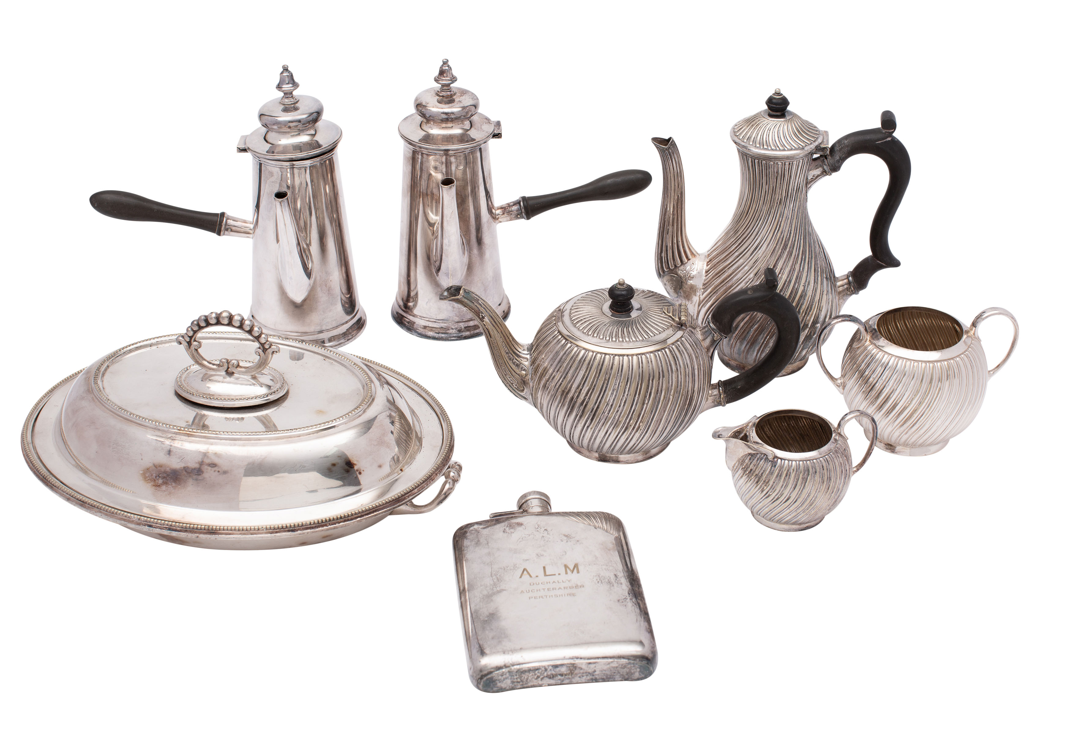 A collection of plated items comprising: an electroplated four-piece tea and coffee service with