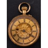 An 18ct gold ladies engraved keyless pocket watch the dial with engraved decoration,
