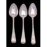 Three Jersey silver ornate teaspoons, makers Jacques Quesnel II,