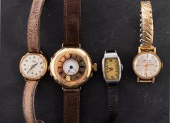 A collection of four wristwatches to include an Edwardian 18ct gold half-hunter the dial with black