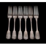 A set of six William IV silver fiddle pattern table forks, maker James Beebe, London 1836, 439gms,