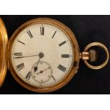 Waltham a gold-plated half-hunter pocket watch the white enamel dial with black Roman numerals,