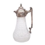 A silver plate mounted cut-glass claret jug: of pear-shaped outline ,