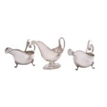 Three silver plated sauceboats all with beaded edges, one of Neo-Classical shape,