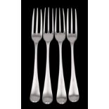 Four George II rat tail small forks, two hallmarked London 1737, the others obscured, 143gms, 4.