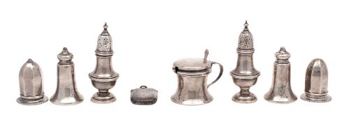Three pairs of silver salts and peppers, makers IS Greenberg & Co, B & D Co.