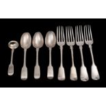 A set of four George IV silver fiddle pattern dessert forks, makers Lias Brothers,