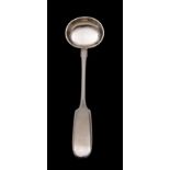 A Russian silver fiddle pattern soup ladle with plain oval bowl,