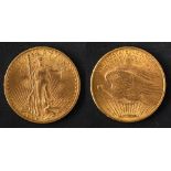 A Twenty Dollar gold coin, dated 1908, diameter ca. 34mms, total weight ca. 33.4gms.