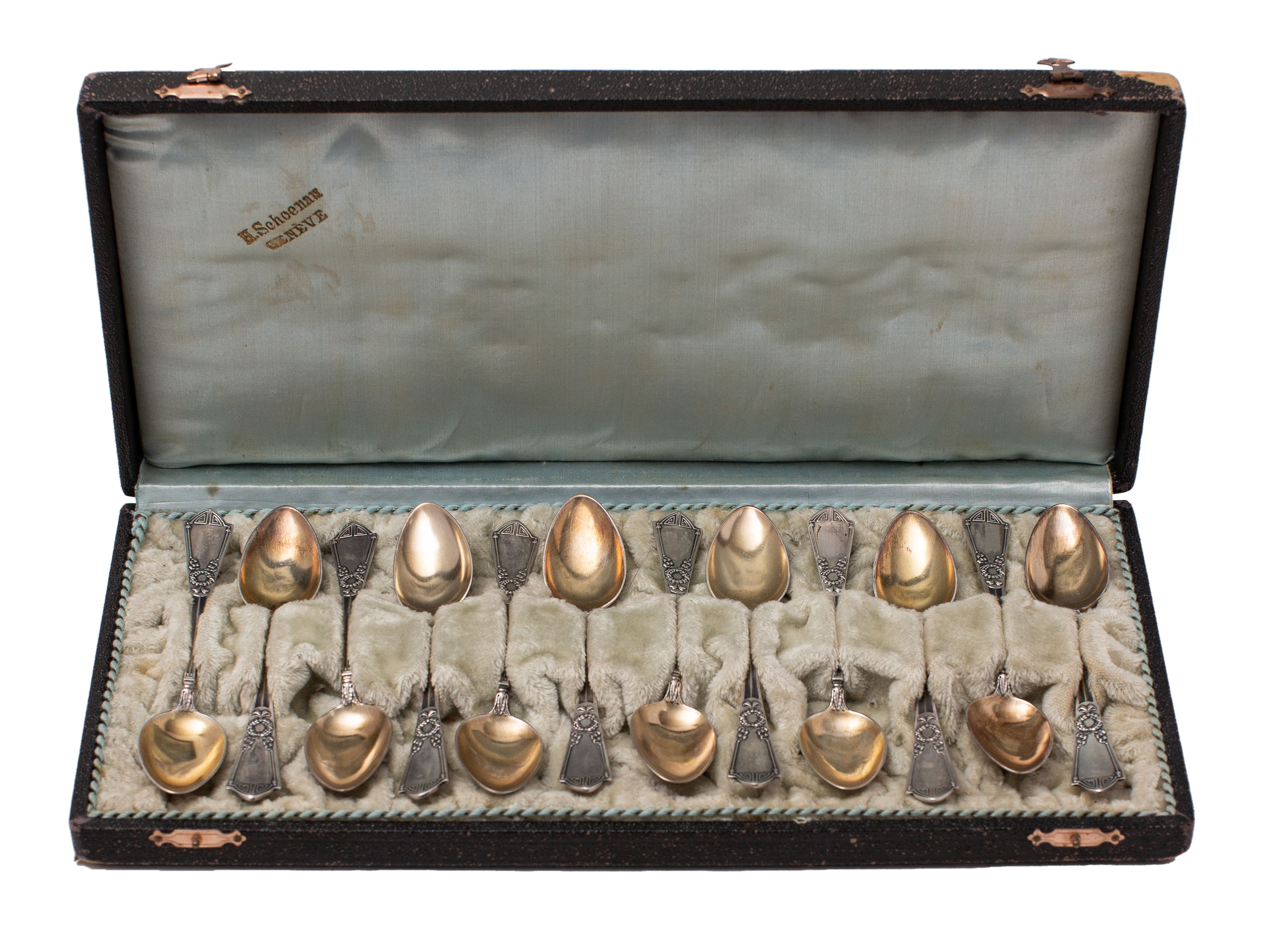 A set of twelve Swiss silver 800 teaspoons with gilt bowls,