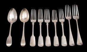 Two George III silver Old English pattern table forks, London 1799 together with a dessert spoon,