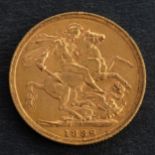 A Victorian Sovereign coin, dated 1889, diameter ca. 22.1mms, total weight ca 8gms.