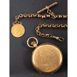 An 18ct gold hunter pocket watch with chain and coin the dial with black Roman numerals,
