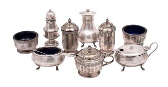 A George V three piece silver cruet set, maker Marson & Jones,