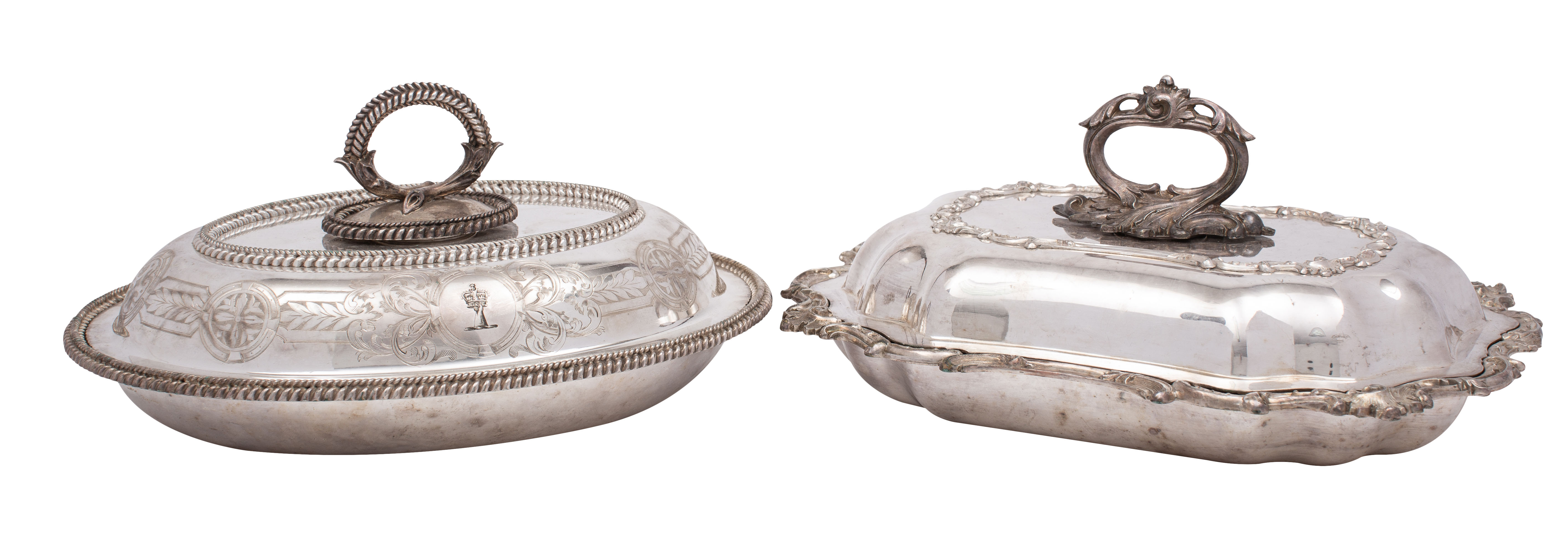 Two silver plated entree dishes and covers,