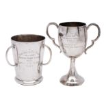 An Indian unhallmarked silver three-handled presentation cup 'Darjeeling Sky Races 1909', 12.