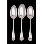 Three Hanoverian tablespoons: two by James Wilks, London 1742 and 1748, the other by Henry Norris,