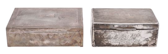 Two George V silver cigarette caskets, makers William Neale & Son and William Adams Ltd,