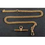 A curb-link Albert watch chain, with dog clip and loose T-bar, total length ca.