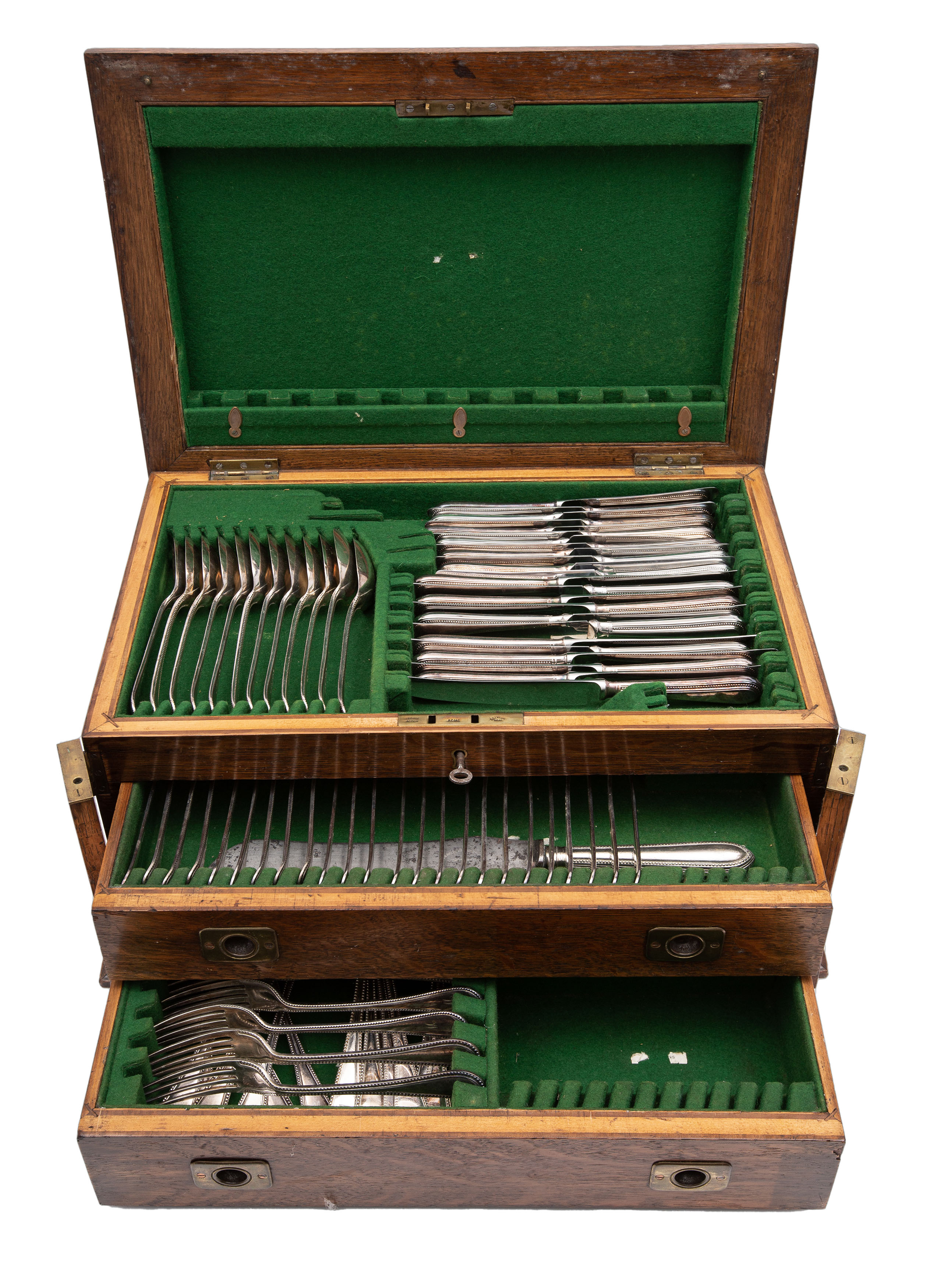 A plated bead edge flatware service, comprising: six tablespoons, twelve table forks,