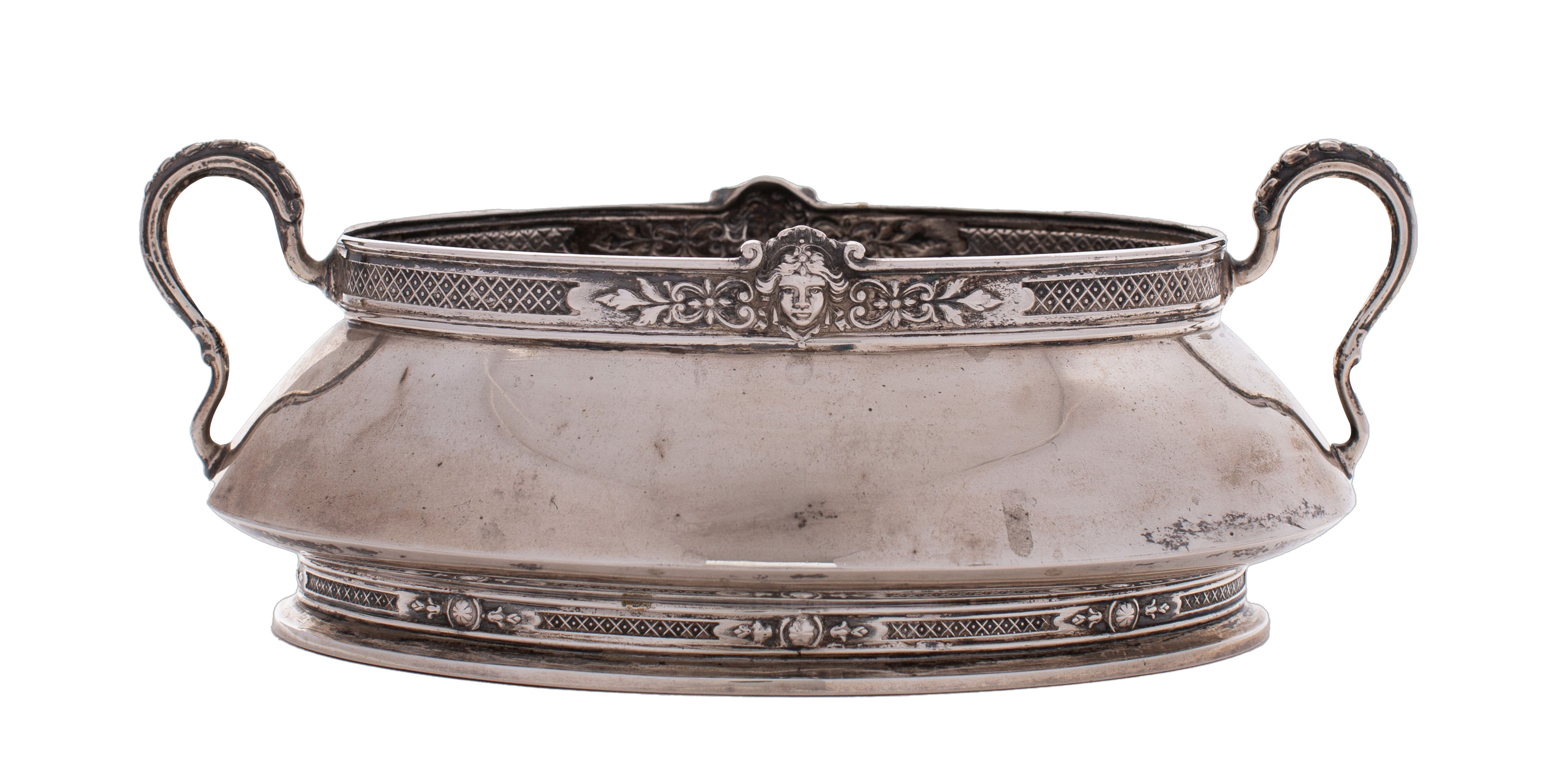 A Continental silver oval twin-handled bowl the rim with a lattice pattern band,