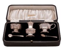 A George V silver three-piece cruet set, maker Docker & Burn Ltd, Birmingham 1928,