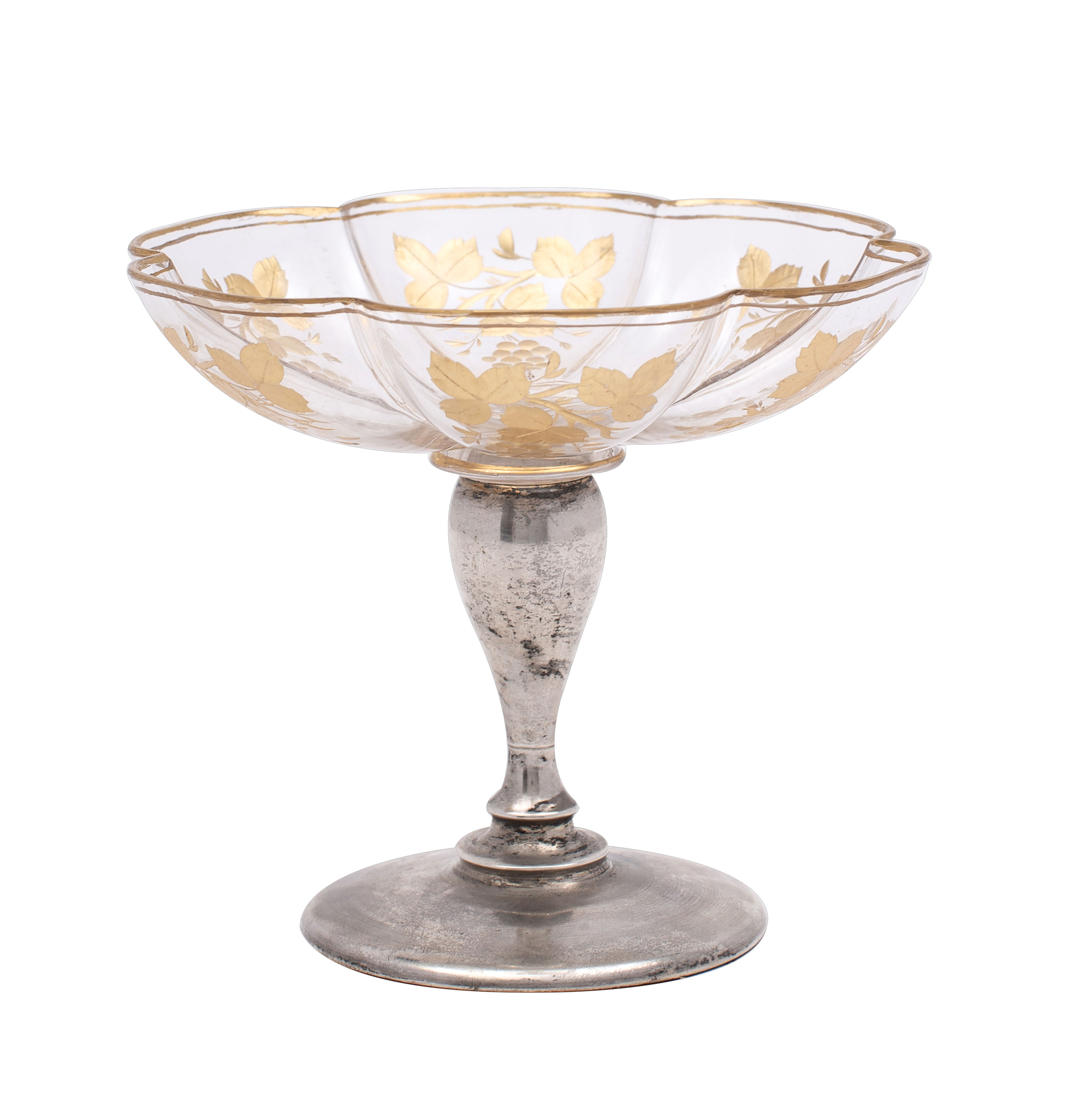 An Edward VII glass and silver pedestal bon bon dish, maker C B Thomas,