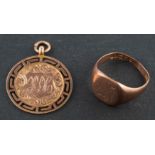 A 9ct gold, signet ring and pendant, the ring engraved with indistinct monogram,