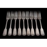 A set of nine George IV silver fiddle pattern table forks, maker William Eley,