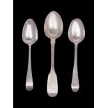 A George III silver teaspoon, London 1785 plain unmarked to front, and another marked 'VS',