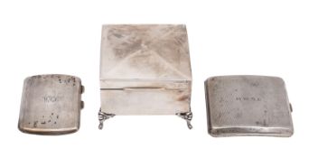An Indian silver cigarette box of square form, on four cabriole legs and claw and ball feet,