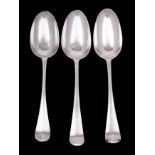 Three 'Fancyback' Hanoverian silver tablespoons, maker Joseph Bell II,