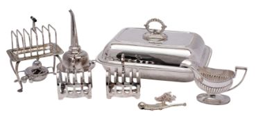 An assortment of plated items to include a seven bar toast rack on a stand with spirit lamp,